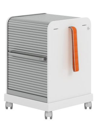 Weißer Rollcontainer mit Rollladen, orangefarbenem Griff und Rollen. Bürocontainer ähnlich dem Vitra Follow Me.